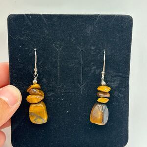 Tumbled Nugget Natural Tiger Eye Sterling Silver 925 Hook Dangle Earrings 2”L